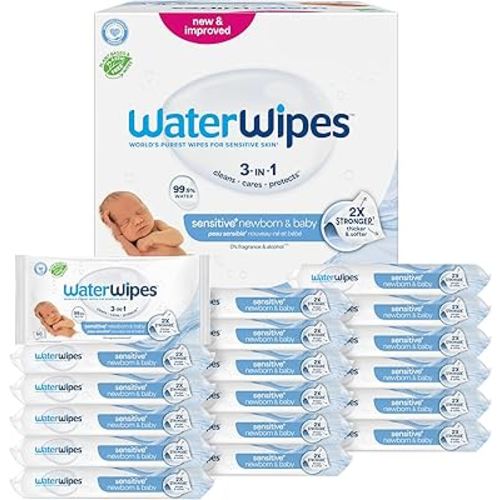 WaterWipes Sensitive+ Newborn & Baby Wipes, 3-In-1 Cleans, Cares, Protects, 99.9% Water, Unscented & Hypoallergenic, 1080 Count (18 Packs)