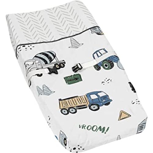 Sweet Jojo Designs Construction Truck Boy Baby Nursery Changing Pad Cover - Grey Yellow Black Blue and Green Transportation Chevron Arrow
