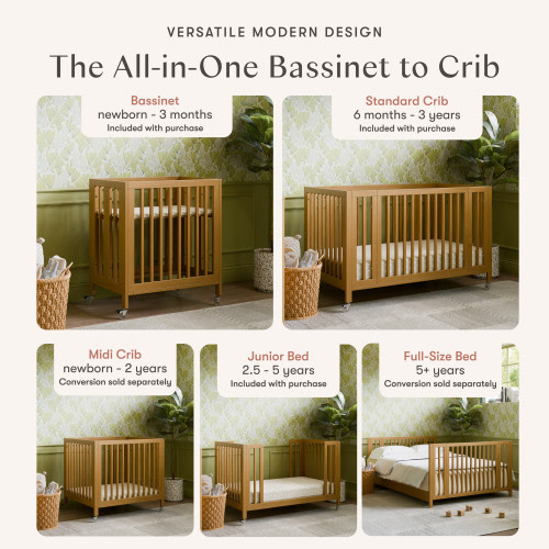 Rolli 9-in-1 Convertible All-Stages Crib with Bassinet & Toddler Bed Conversion Kits - Honey