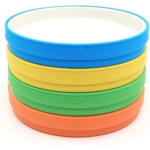 Elk and Friends Kids 7.8” Porcelain White Plates with Silicone Sleeves | Suitable for Babies/Toddlers | Microwave & Dishwasher Safe | Non Slip Dinnerware | Snack Dishes | 4 Pack