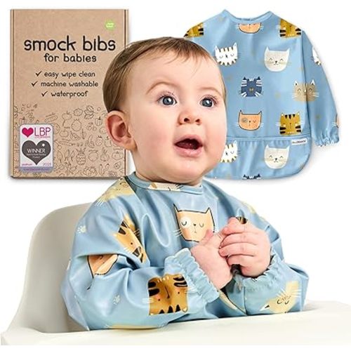 Waterproof Smock Baby Bibs for Eating (Boy or Girl 6-24 Months) - Toddler Long Sleeve Bib for Baby Led Weaning