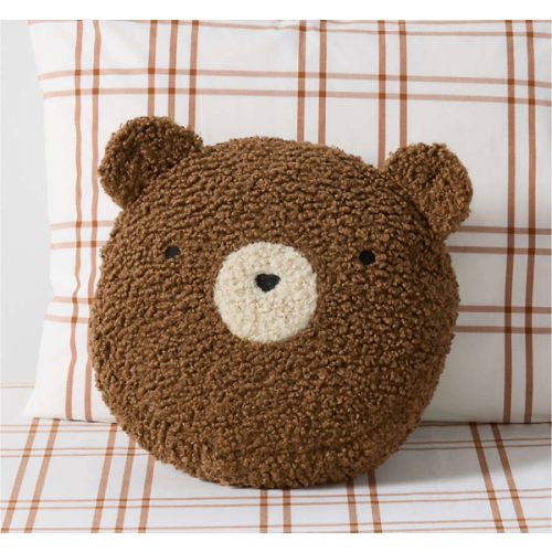 Cuddle Brown Sherpa Bear Face Embroidered Kids Throw Pillow
