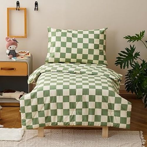 Luxlovery Toddler Comforter Set Checkered Plaid Green White Kids Boho Bedding Set Bed Set for Dorm 4 Pieces (1 Comforter, 1 Flat Sheet, 1 Fitted Sheet, 1 Pillowcase)