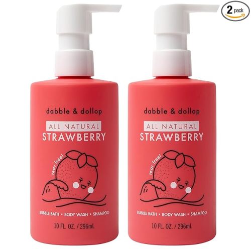 Dabble & Dollop All Natural Strawberry 3-in-1 Body Wash, Shampoo & Bubble Bath for Kids – Tear-Free, Gentle, Hypoallergenic, Vegan, No Parabens or Sulfates (10 fl oz, Pack of 2)