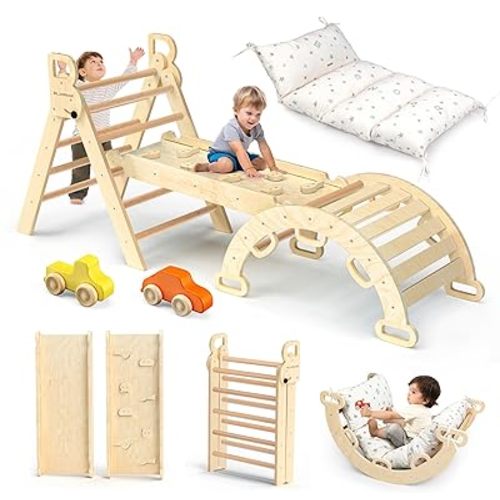 BlueWood Pikler Triangle Set with Cushion - Climbing Toys for Toddlers 9-in-1, Montessori Philosophy Play Jungle Gym with Arch, Ramp, Ladder (Natural Color)