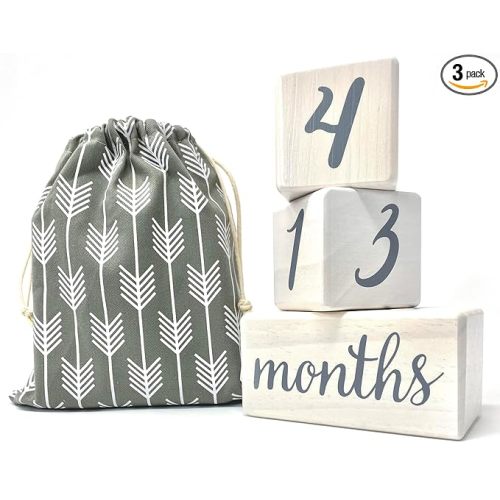 Pondering Pine Baby Milestone Blocks - Natural White Stain Pine Wood with Weeks Months Years Grade - Milestones Age Block Set with Bag, Newborn Weekly Monthly First Year Picture Props, Earth Friendly