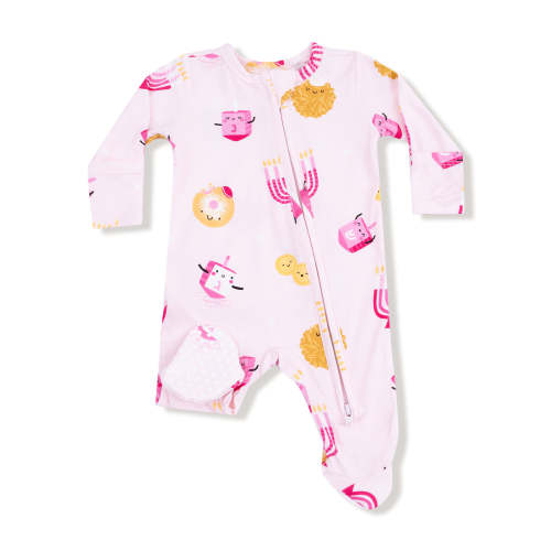 2-Way Zip Ruffle Footie, Hanukkah Pink