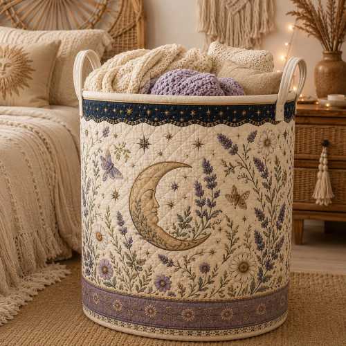 Celestial Moon Nursery Storage Basket, Lavender Floral Laundry Hamper, Boho Moon Toy Organizer, Quilted Baby Room Storage Bin
