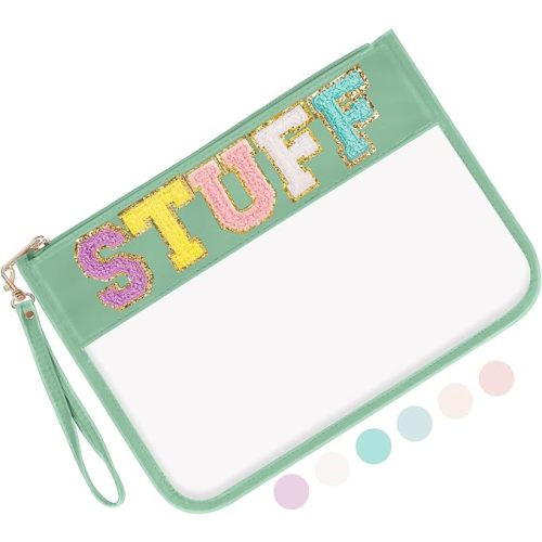Iqimott Chenille Letter Clear Bag Stuff Pouch, Monogram PVC & PU Makeup Cosmetic Bag Zipper Toiletry Pouch, Waterproof Portable Travel Beach Snack Wristlet Bags for Women Girls(Stuff, Green)