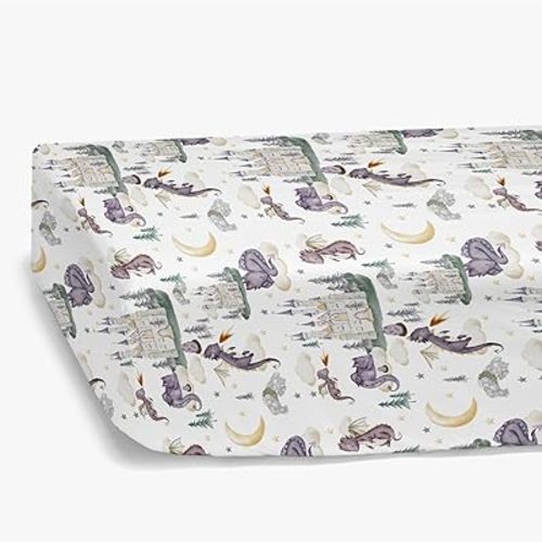 HawSkgFub Cute Dragon Fairy Tale Fitted Standard Crib Sheet Baby Girl Shower Gift, Purple Castle Cloud Moon Star Pine Tree Toddler Mattress Cover, Soft Stretchy Nursery Bed Sheets Decor 52" x 28"