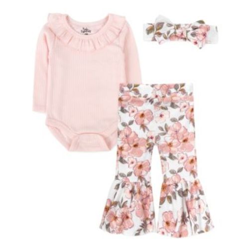 Baby Girl Bodysuit, Floral Bell Bottom Pant & Headband, 3-Piece Set