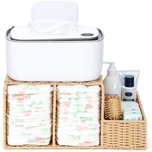 Diaper Caddy Organizer, Hand Rattan Nursery Storage Basket for Baby Essentials, Baby Changing Table Organizer Perfect Nursery Assistant (Hollow Rattan, M)