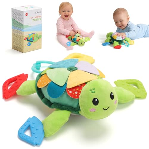 Baby Sensory Toys 0-6 6-12 Months, 6 in 1 Tummy Time Plush Flip Turtle Toy | Flip design with hidden sea creatures, 7 textures, 4 food-grade teethers, rattle, squeaker. Ideal baby shower & birthday gift