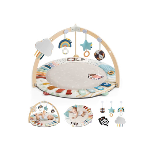 Blissful Diary Baby Play Gym & Activity Mat, 5 Developmental Zones Wooden Tummy Time Mat with 5 Detachable Sensory Toys for Motor Skills & Sensory Development, Baby Essentials Shower Gift