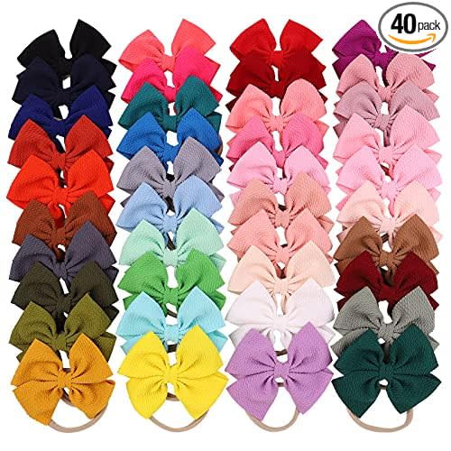jollybows 40pcs Baby Girls Hair Bows Headband Nylon Hair Band Elastic Hair Accessories for Kids Infants Toddlers