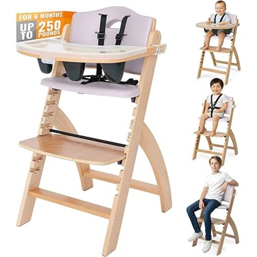 Abiie Beyond Junior Wooden High Chair for Babies and Toddlers - Convertible 3-in-1 Baby Highchair with Removable Tray - 6 Months to 250 Lb - Water Resistant - Natural Wood with Lilac Cushion