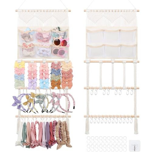 Headband Holder, Beige Bow Organizer for Baby Girls | Extra Large Nursery Wall Hanging Clip Storage w/ 60 Hooks Hair Accessories Organizer Rack Shelf for Toddler Kids Room
