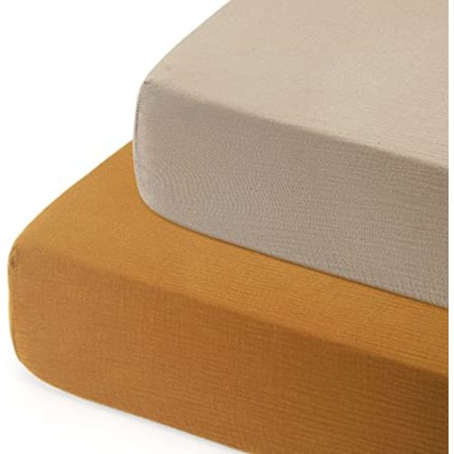 GRSSDER Soft Muslin Crib Sheet 2 Pack, 100% Cotton Crib Sheets for Boys and Girls, Fit Standard Crib Mattresses 52" x 28" Safe and Snug,Taupe/Fall Yellow