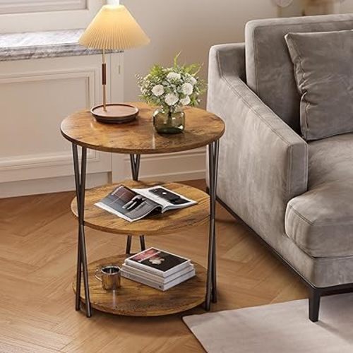 23 Inch Round Side Table 3-Tier End Table Living Room Small Patio Table Nightstands Round Coffee Table Spacious Top for Couch Bedroom 3 Storage Shelves Accent Coffee Table, Rustic Brown