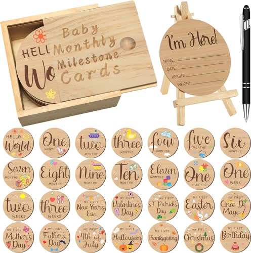 Wesiti 31 Pcs Baby Monthly Milestone Sign Wooden Set Double Sided Hello World Milestone Cards Pregnancy Journey Birth Announcement Props for Baby Boy Girl (Novel)