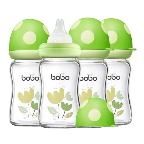 YOHKOH Natural Glass Baby Bottle with Natural Response Nipple, Newborn Anti-Colic Baby Bottles, Wide Neck Mushroom Cap Baby Bottle, Clear (Green, (5.4oz (Pack of 4))