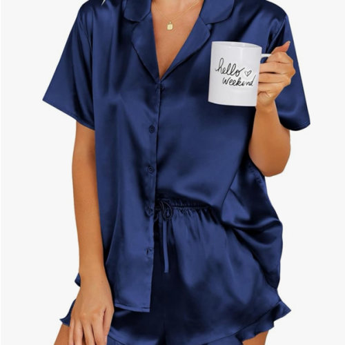 Ekouaer Womens Satin Pajamas Set Button Down 2 Piece Silk Pjs Shorts Set Ruffle Lingerie Notch Collar Sleepwear