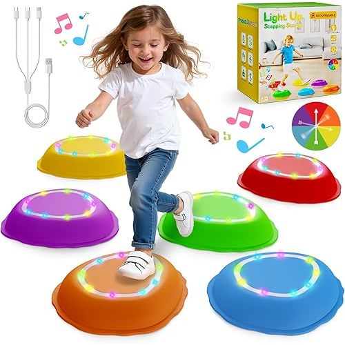 Rechargeable Stepping Stones for Kids, 6pcs Music and Light Up Anti-Slip Balance Sensory Toys for Toddler, Kids Indoor and Outdoor Play Equipment, Birthday Gifts Toys for 3 4 5+ Year Old Kids