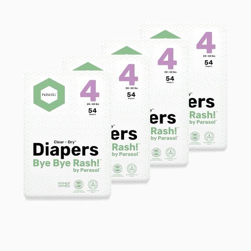 Parasol Clear+Dry Disposable Diapers, RashShield Protection and Leak-Control Fit, Hypoallergenic Diapers, Size 4 (20-32 lbs), 216 Count