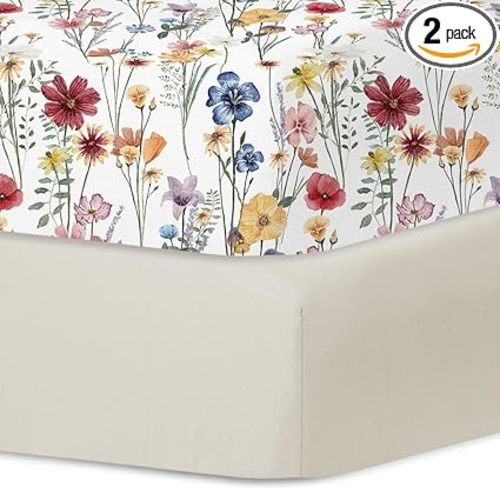 Little Grape Land Crib Sheets for Girls and Boys, 2pk Baby Crib Fitted Sheet for Standard Size Crib and Toddler Mattress, Super Soft Baby Sheet (Spring Flower & Beige)