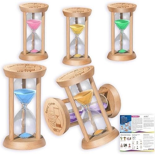 SuLiao Sand Timer, Colorful Hourglass Sandglass Timer, Wooden Sand Clock 30Sec/1 min/2 min/3 min/5 min/10 min for Brushing Children's Teeth, Cooking, Games, School, Office (Pack of 6)