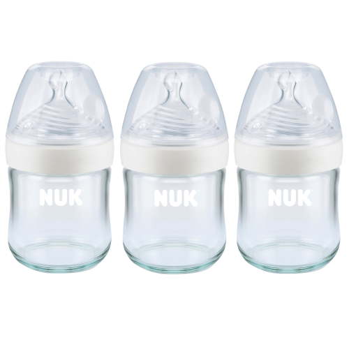 NUK Simply Natural Glass Bottles 4 oz, 3 Pack, Safe Anti-Colic for Newborn Baby