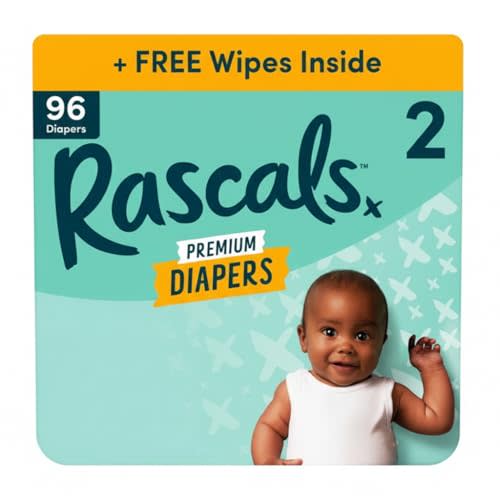 Rascals Premium Absorbent Baby Diapers Size 2, 96 Count, with 5 Sensitive Infant Wipes