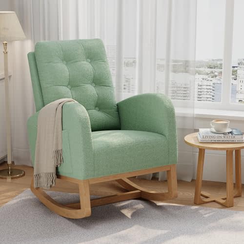 GarveeHome Nursery Rocking Chair, Teddy Fleece Upholstery, Sturdy Wooden Legs & High Backrest, Comfortable Glider Rocking Chair for Living Room or Bedroom, Light Green