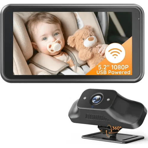 Babyvue BV5 Baby Car Camera 1080P, Dual USB Powered for Large Vehicles, IR Night Vision, 5.2” Display with Rear-Facing Car Seat Camera, Easy Installation for Infant & Toddler