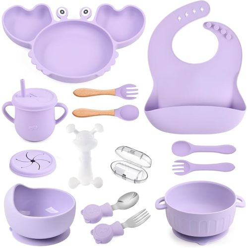 Silicone Baby Feeding Set 15 Pcs，Baby Spoons Suction Bowl Divided Plate Bib Cup Finger Brush Training cups,Baby Led Weaning Supplies,Baby Plates，Toddler Feeding Plates and Bowls Set（purple）
