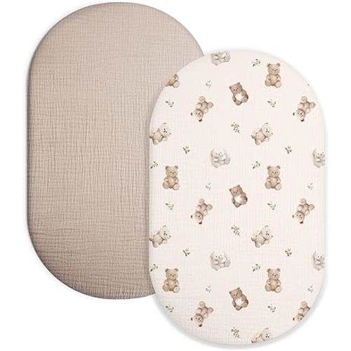 Bassinet Sheet for Baby Boy and Girl 2 Pack, Fitted Sheets for Rectangle, Oval, Hourglass Bassinet Mattress, Muslin Moses Basket Sheets with Neutral Style (Teddy & Friends)