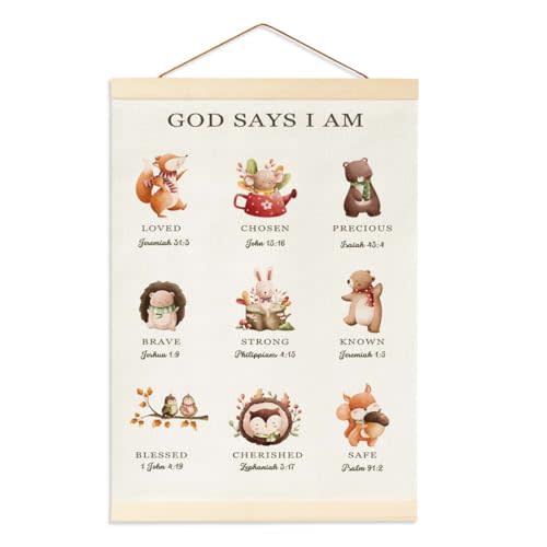 Bible Verses for Nursery Decor Banner, Woodland Nursery Wall Decor, Inspirational Christian Wall Art, Excellent Room Decor for Kids', Toddler, Playroom, and Bedrooms, God Say I Am Hanging Flag Banner