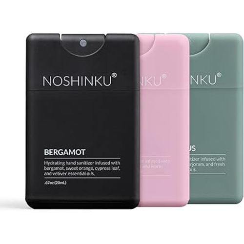 Noshinku - Refillable Hand Sanitizer Discovery 3-Pack, Travel Size Spray with Hydrating Botanical Oils, Natural Ingredients, All Natural Fragrances, Sugarcane Derived Alcohol, No Parabens, No Dyes
