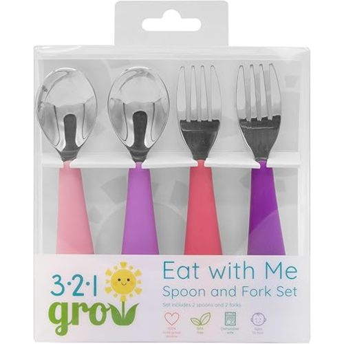 Eat with Me Spoon and Fork Set – Toddler Utensils with Easy-Grip Silicone Handles – Kid-Sized & Safe Stainless Silverware – Promotes Independent Eating – Dishwasher Safe (Grape)
