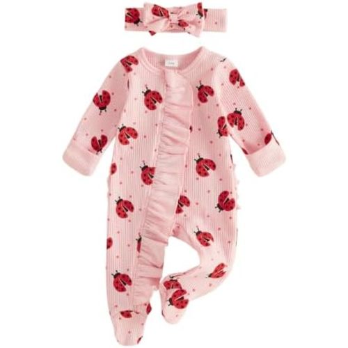 Ayalinggo Newborn Baby Romper Infant Girl One-piece Outfit Waffle Ruffle Zip Footie Spring Summer Clothes With Bow Headband