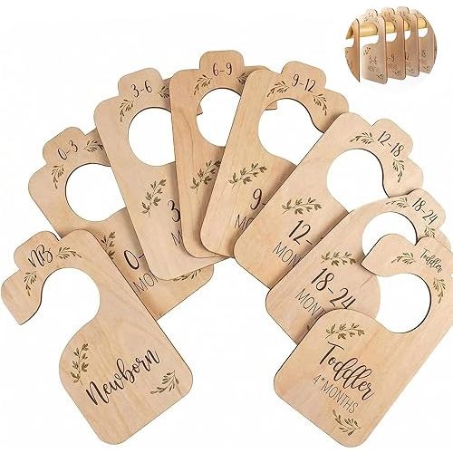 Set of 8 Wooden Baby Closet Dividers 18x9cm Double Sided Printed Hanging Organizer Tags for Newborn to 24 Months Wardrobe Size Classification Boho Nursery Decor