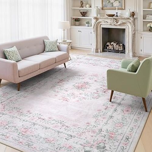 Wonnitar Washable 9x12 Area Rugs, Ultra-Thin Large Area Rug for Living Room, Pink Soft Non Slip Boho Floral Bow Apartment Decor Carpet for Big Bedroom Playroom Nursery Office, Light Pink