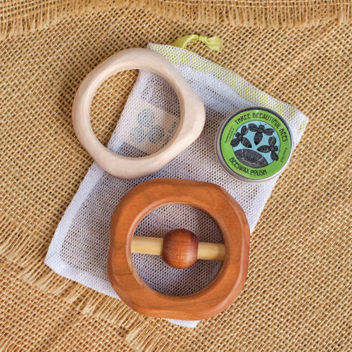 Cherry Wood Rattle & Maple Wood Teether Gift Set – Camden Rose Inc. / Palumba