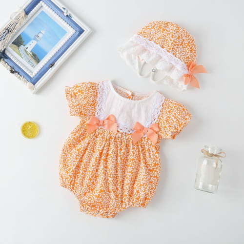 Baby Girl Floral Romper with Matching Sun Hat Lace Bodysuit with Bow Summer Outfit Set Orange 3-6 Months