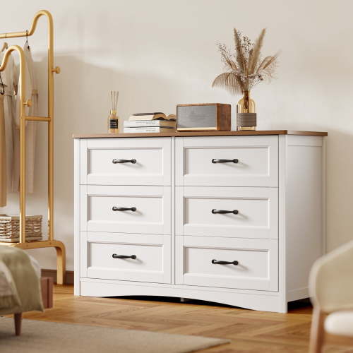 Lofka Dresser for Bedroom with 6 Drawers, Wooden Chest with Metal Handle for Living Room, White+Rustic Brown