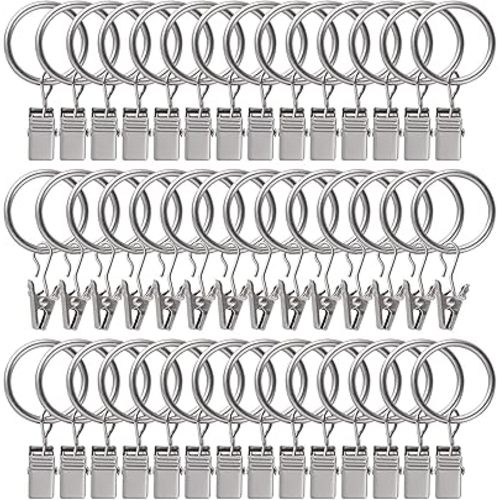44pcs Curtain Rings with Clips Hooks, 1 inch Metal Stainless Steel Drapery Rings Hanger Clips for Tension Rod Bracket Eyelets Decorative Hangers, Silver (1" Interior Diameter)