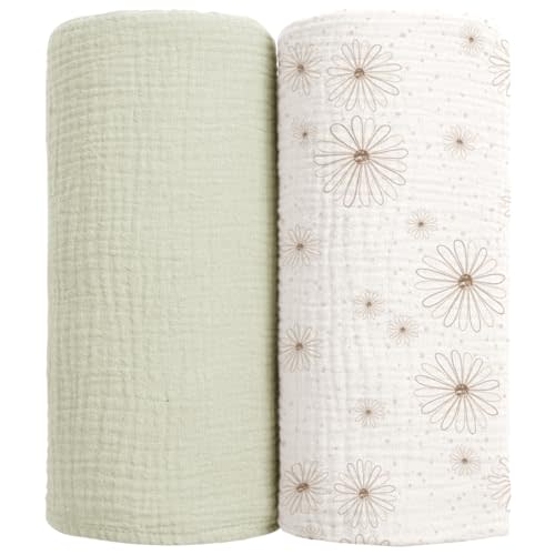 lulumoon Muslin Swaddle Blankets for Baby: Cotton & Soft Receiving Blanket for Newborn with Flower Printed- Neutral Gift for Baby Shower 2pack(GreenDaisy)