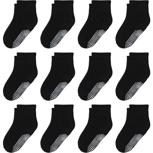 12 Pack Non Slip Kids Toddler Baby Socks with Grips for 1-7 Years Boys Girls Cotton Crew Socks Multi Colors