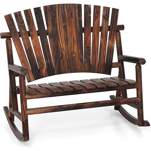 Tangkula 2-Person Wood Outdoor Rocking Chair, Outside Adirondack Rocker with High Back and Slatted Seat, Oversized Porch Rocking Chair for Balcony, Garden, Backyard, Patio
