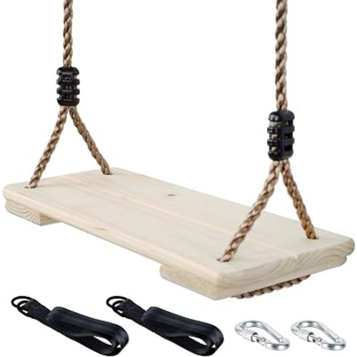 Wooden Swing Seat, Nostalgic Outdoor Wood Swing for Kids , Tree Straps Set Accessories for Backyard Patio Garden Playground, Height Adjustable (Raw wood)